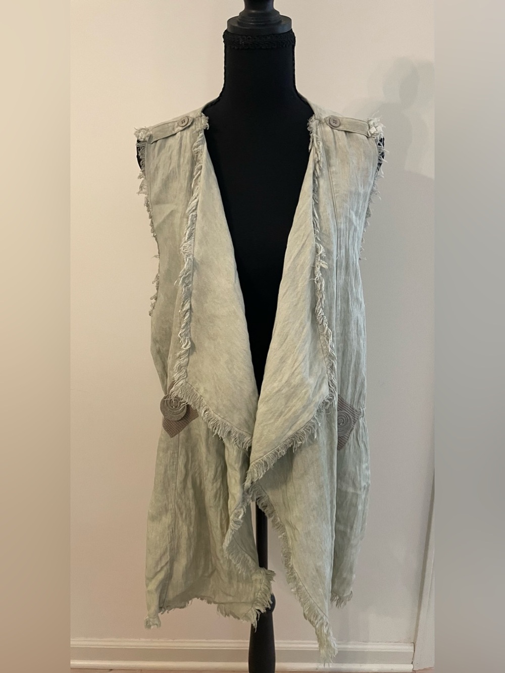 Carolyn's Artwear Designs Lagenlook Frayed Edge Open Vest Sage Green Artsy, L